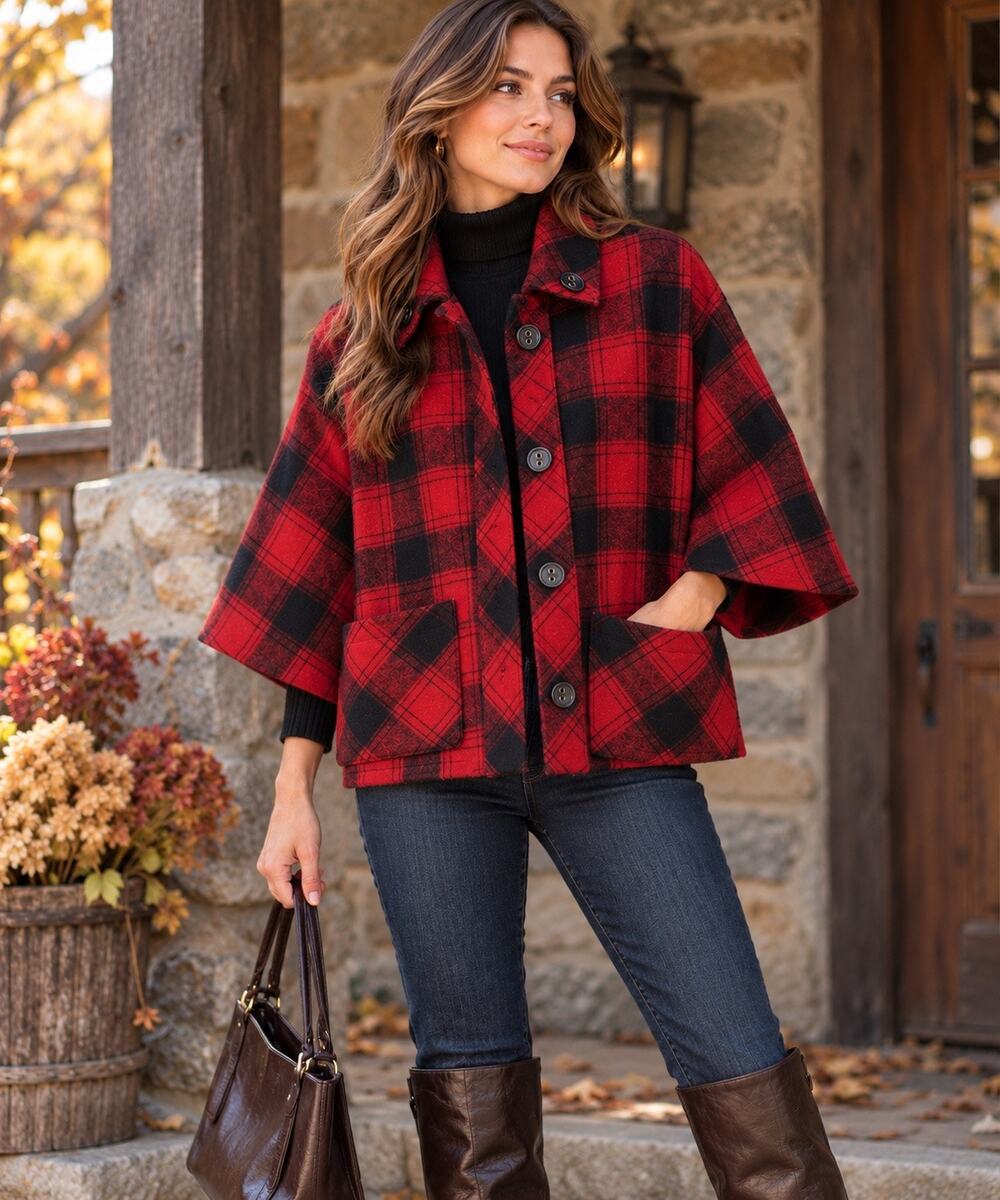 Coldwater Creek Buffalo Plaid Wool Blend Cape Jacket PM Cottage Country Cabin